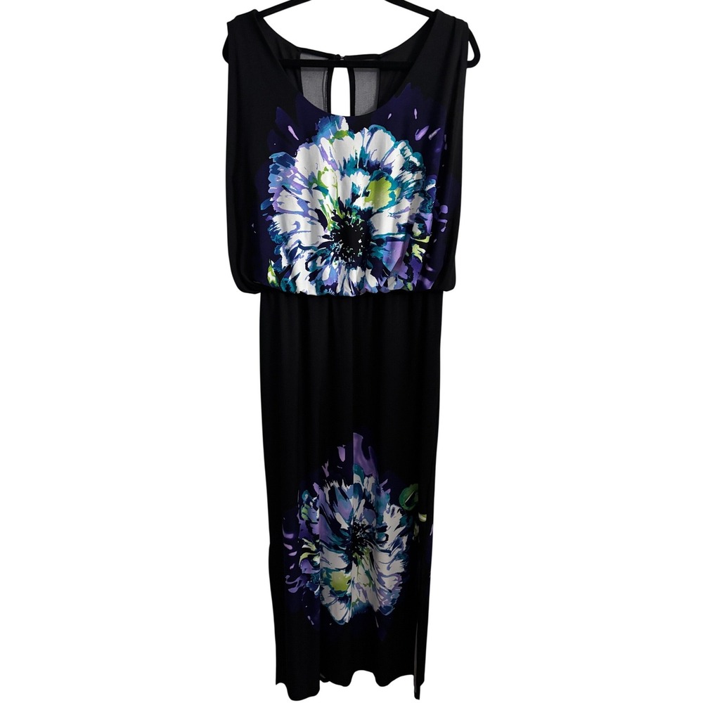 Sandra Darren Black Floral Maxi Panel Sleeveless Blouson Dress 16